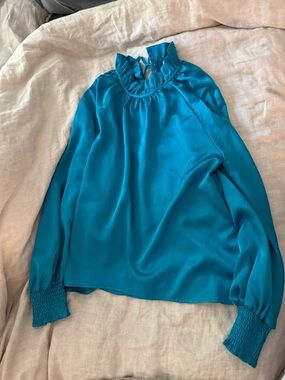 Teal Satin Ruffled Mock Neck Blouse - Women Tops